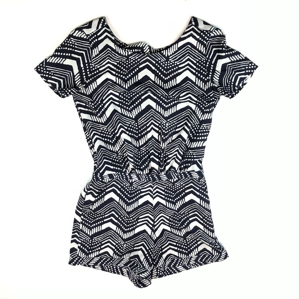 J Crew Romper Shorts Tribal Navy Blue Ivory Short Sleeve Zip Back E9850 Sz 4 TT7
